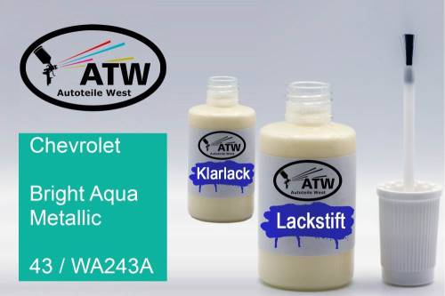 Chevrolet, Bright Aqua Metallic, 43 / WA243A: 20ml Lackstift + 20ml Klarlack - Set, von ATW Autoteile West.